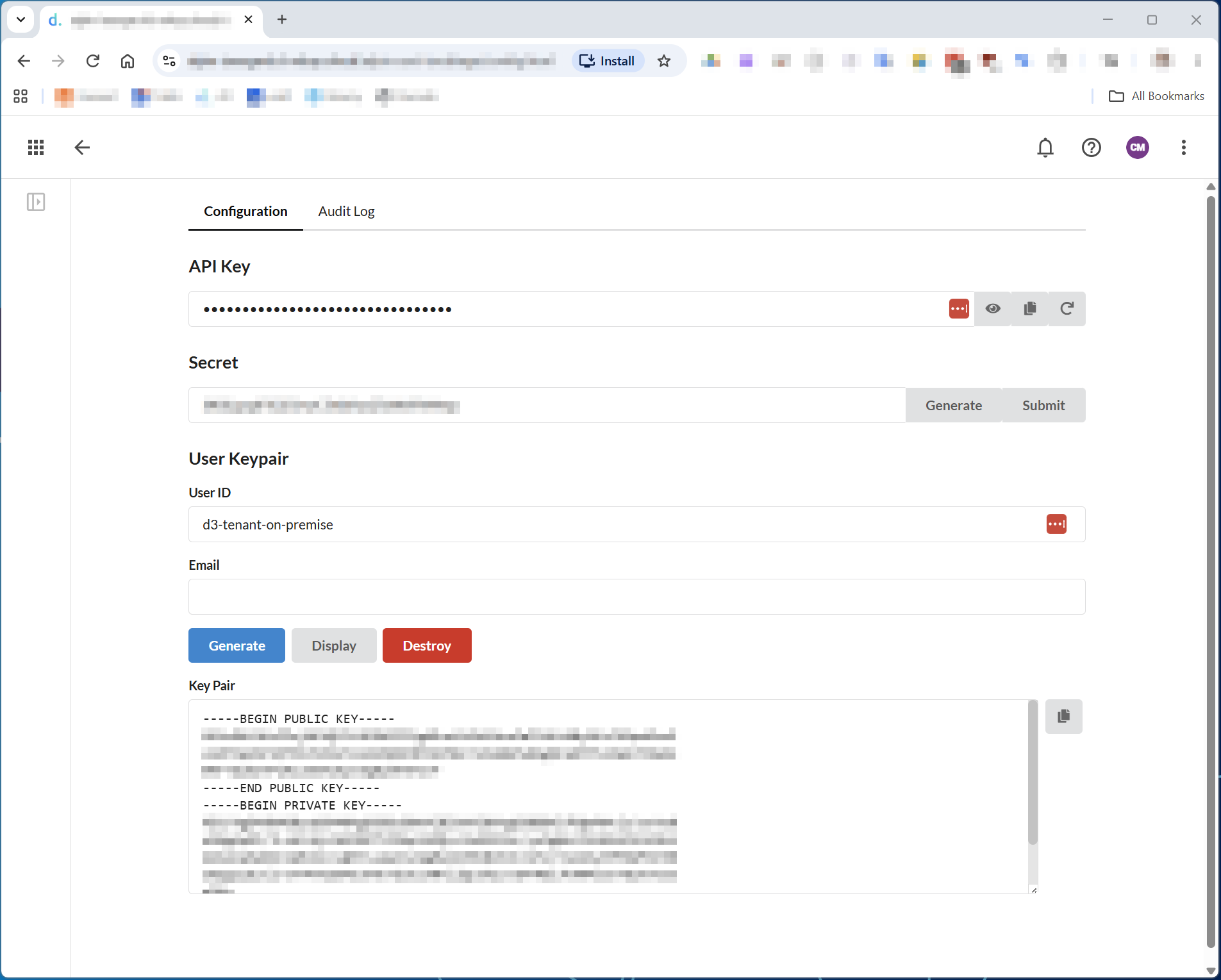 Configuration tab of the alpin-cert-tool d.3one app, showing the API Key, Secret, and User Keypair sections